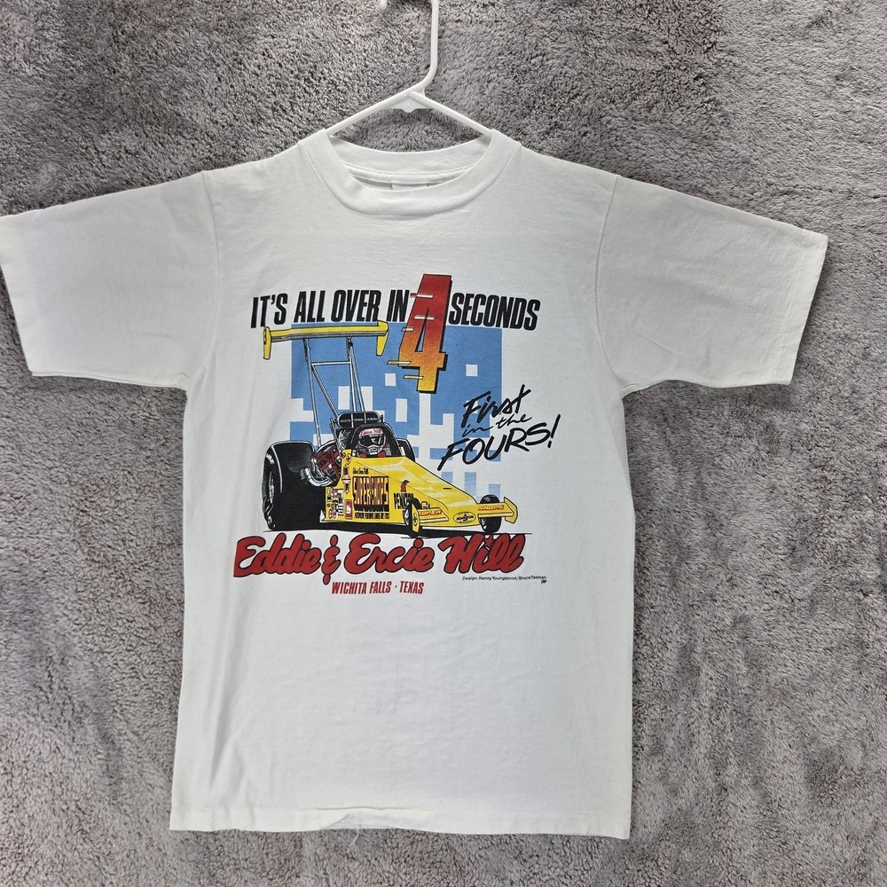 Vintage Eddie & Ercie Hill Shirt Mens Medium White Drag Racing Tee Alore 1988